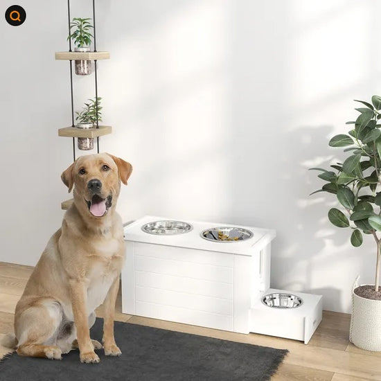 CUENCOS ELEVADOS PARA PERROS CON ALFOMBRA DE ALIMENTACIÓN LENTA, ARMARIO DE ALMACENAMIENTO, 3 CUENCOS DE ACERO INOXIDABLE PARA PERROS GRANDES Y EXTRA GRANDES, BLANCO