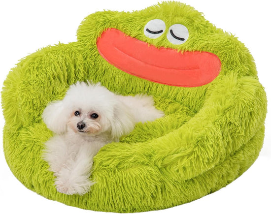 CAMA CALMANTE ADORABLE PARA PERROS Y GATOS, CAMA DE DONA DE PELUCHE PARA INTERIOR, PARA PERROS Y GATOS PEQUEÑOS, DISEÑO DE DIBUJOS ANIMADOS, CAMA SUAVE, COLOR VERDE